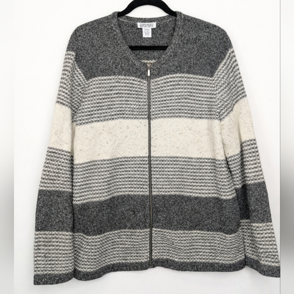 Northern Reflections XL Zip Up Sweater Cardigan Gray Cream Striped Cozy